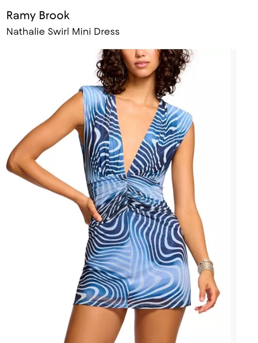Ramy Brook Blue Patterned Nathalie Ruched V-Neck Women’s Dress Sz 6 New Date